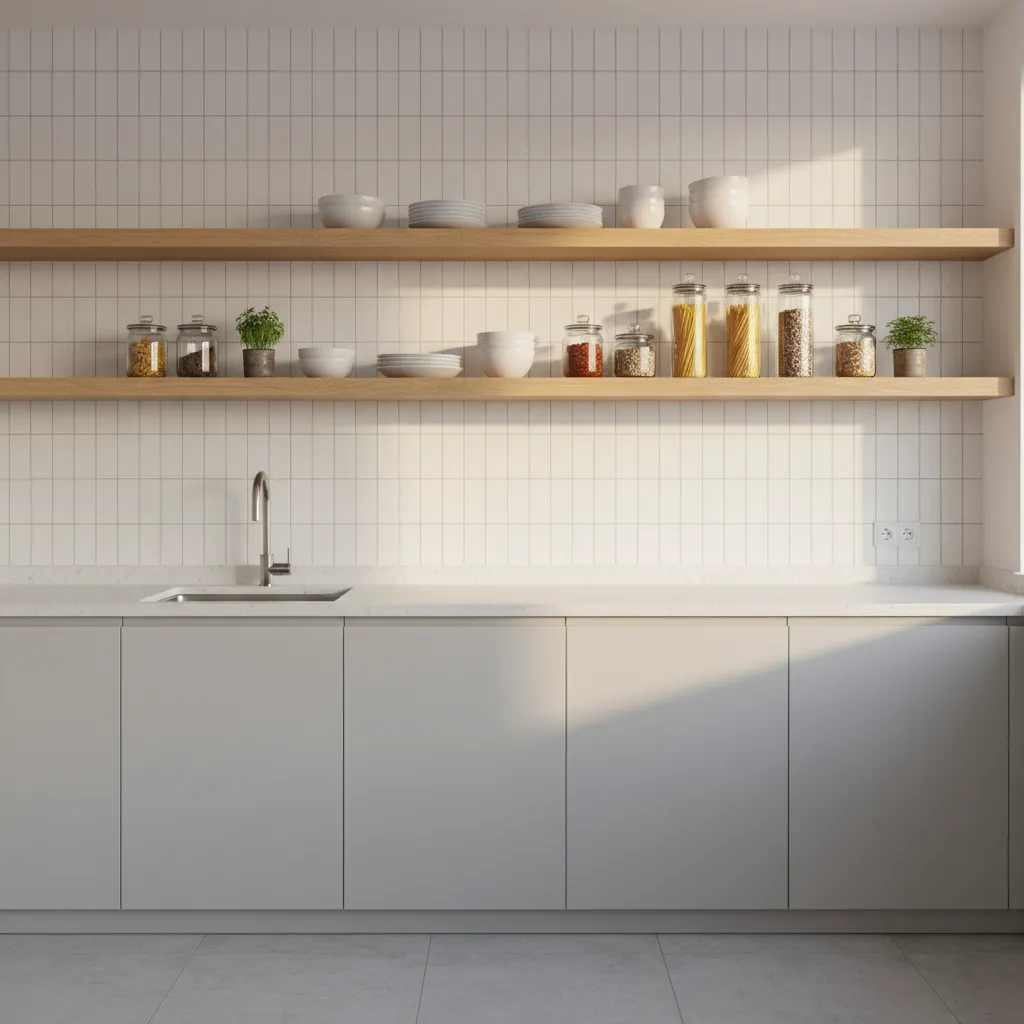 Modern kitchen with floating shelves mounted above a tiled backsplash