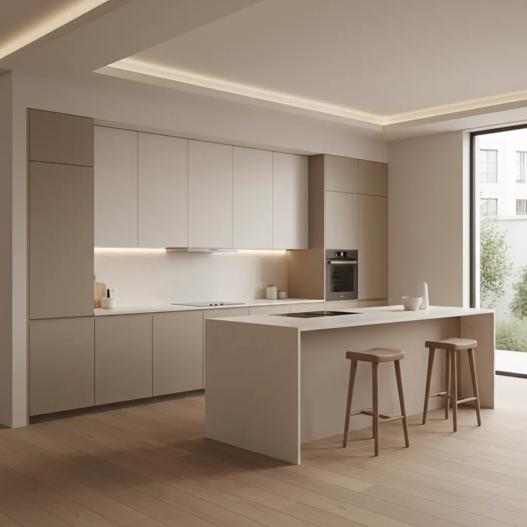 Kitchen showing balanced color relationship between light cabinets and neutral flooring
