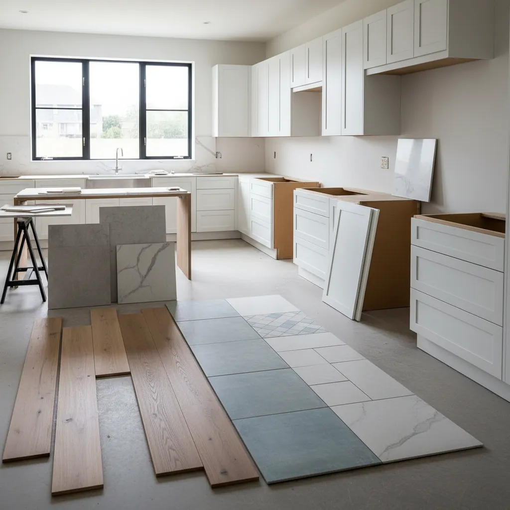 kitchen flooring samples placed near cabinets for color comparison
