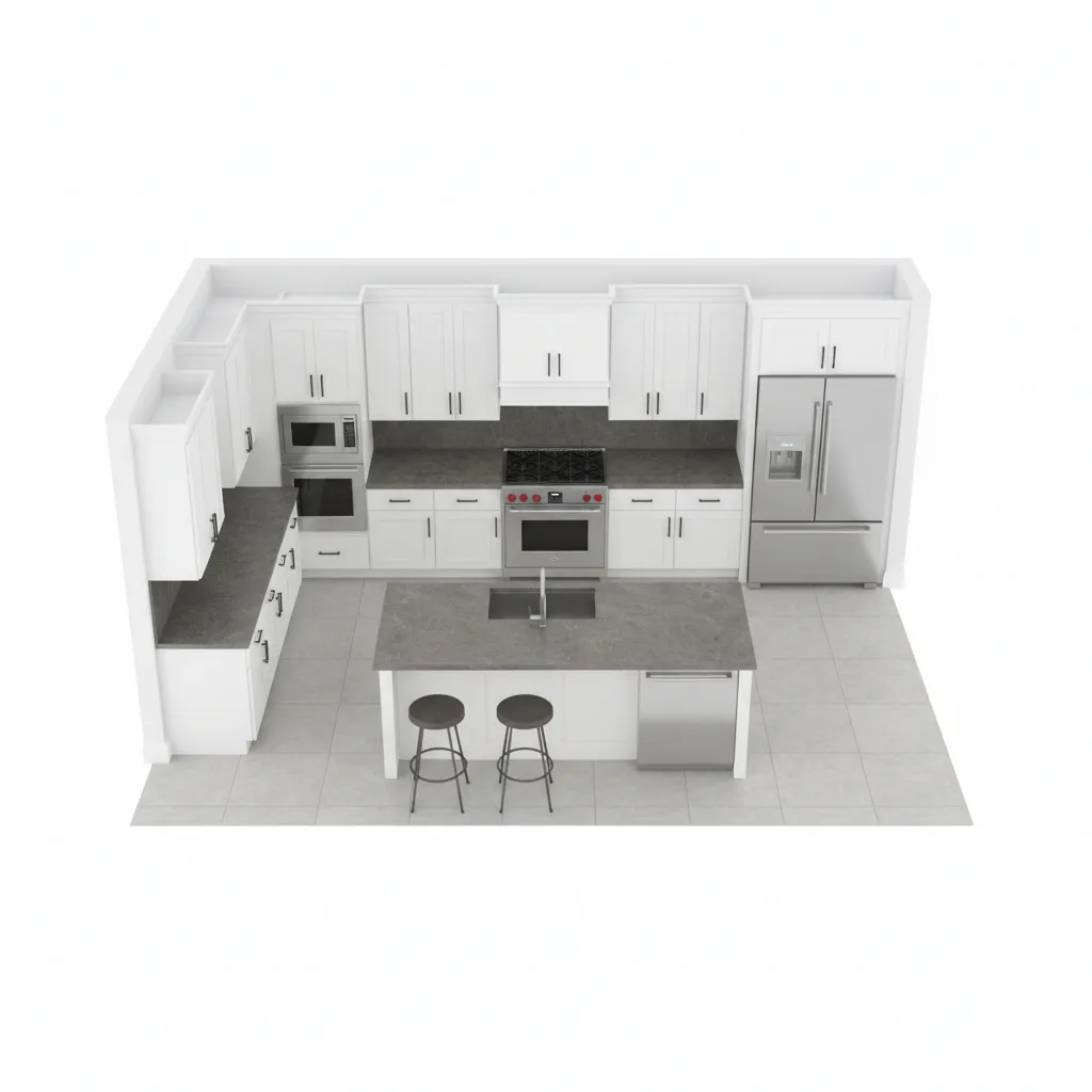3D kitchen floor plan layout showing cabinet placement planning