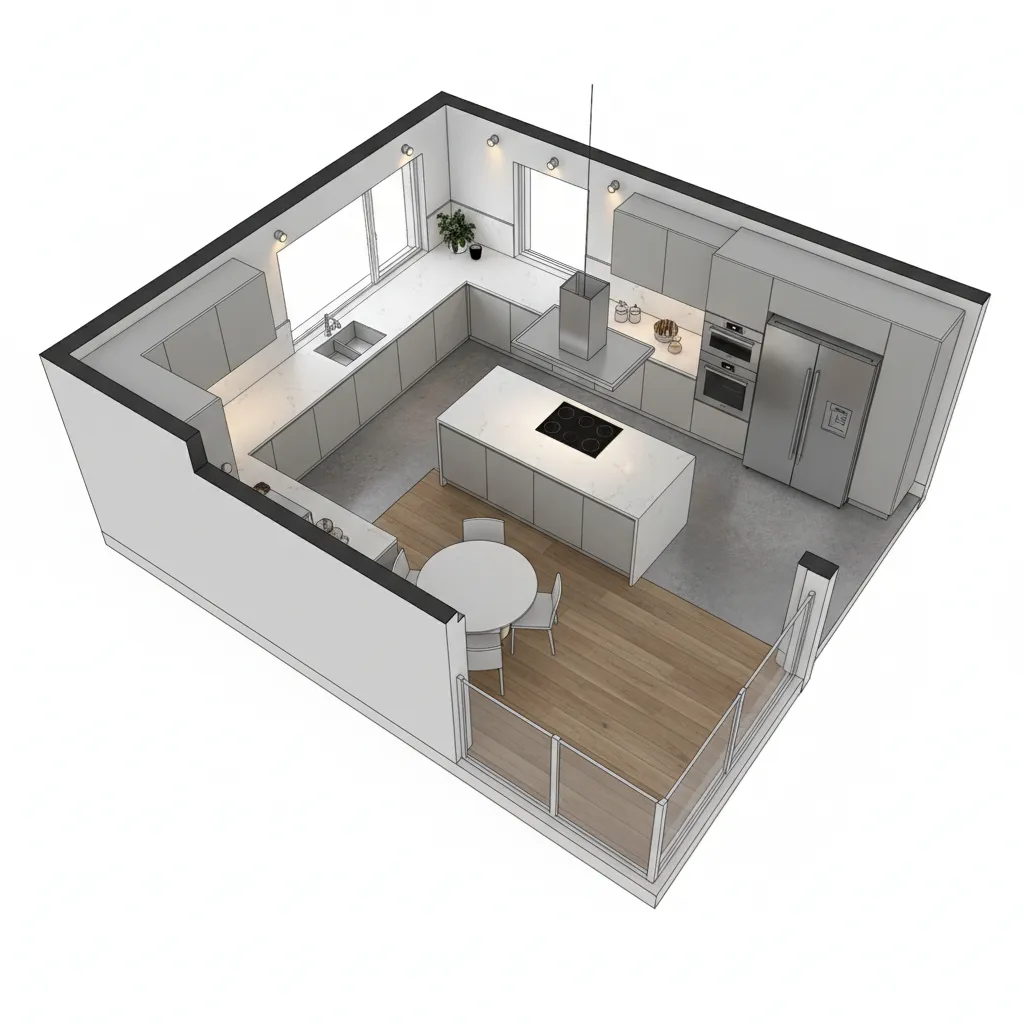3d kitchen floor plan layout with cabinets island and appliances