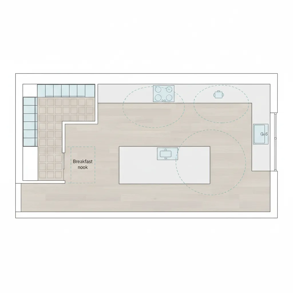 Kitchen floor plan diagram with island and walk-in pantry zones