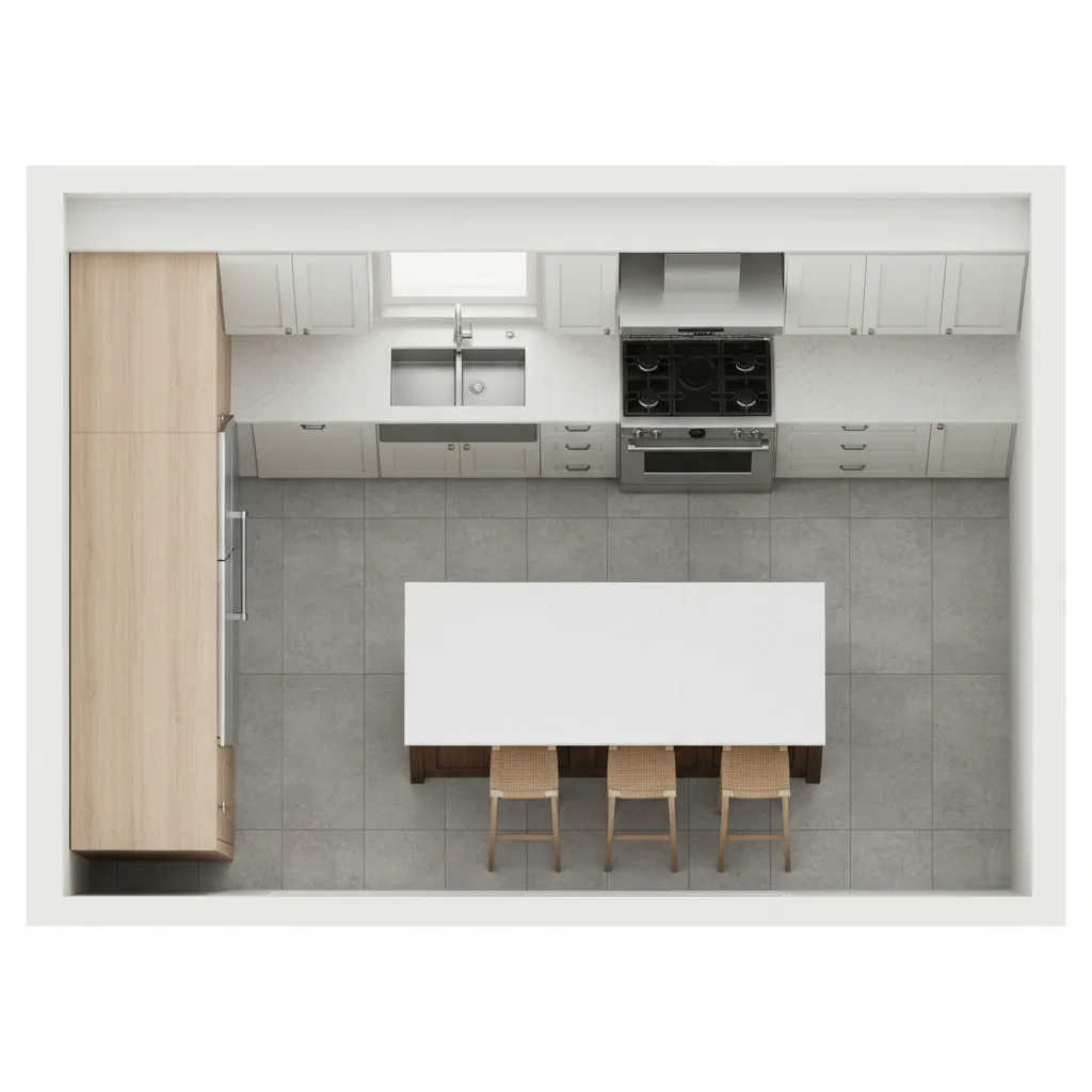 top view kitchen floor plan layout with cabinets appliances and island
