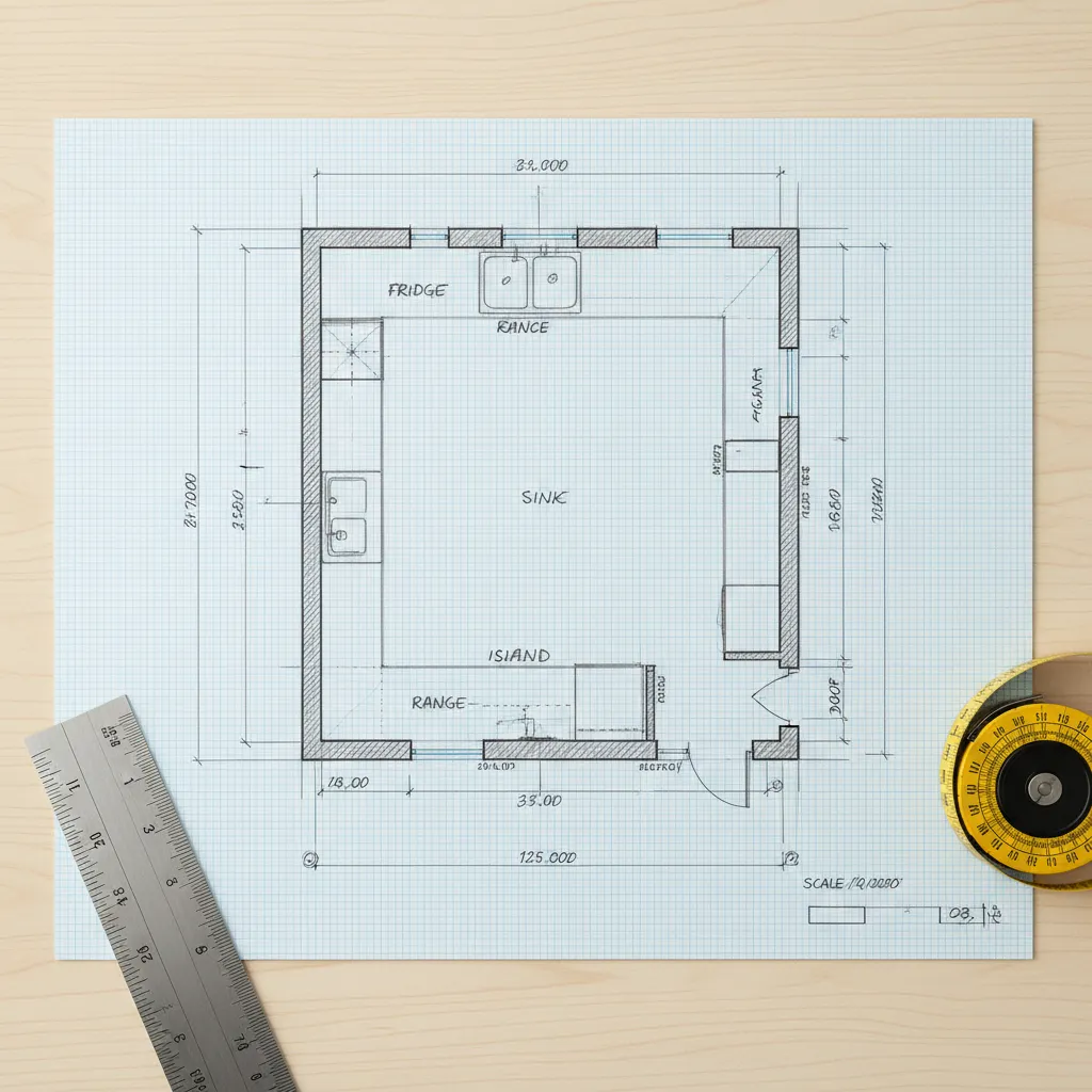 Measured kitchen layout sketch showing wall dimensions windows and doors