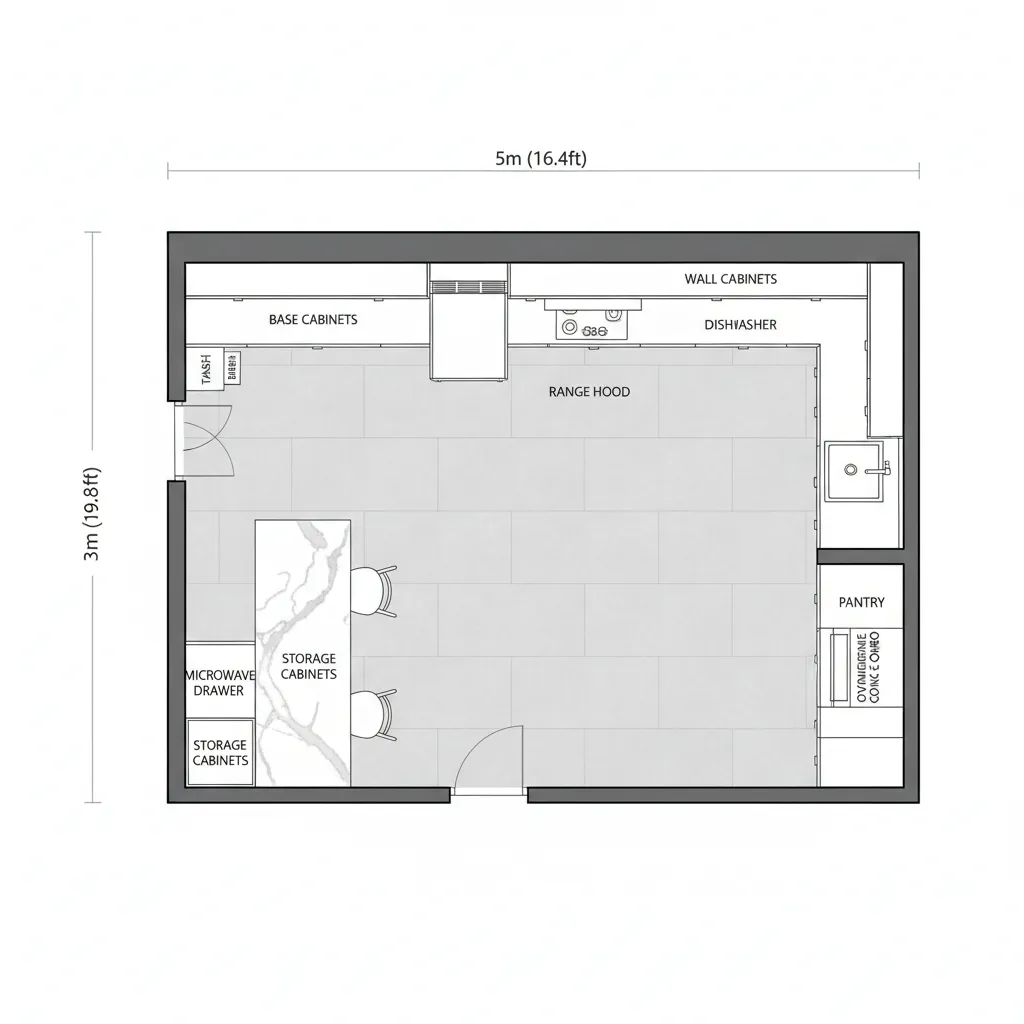 kitchen floor plan with measurements showing cabinet and appliance spacing