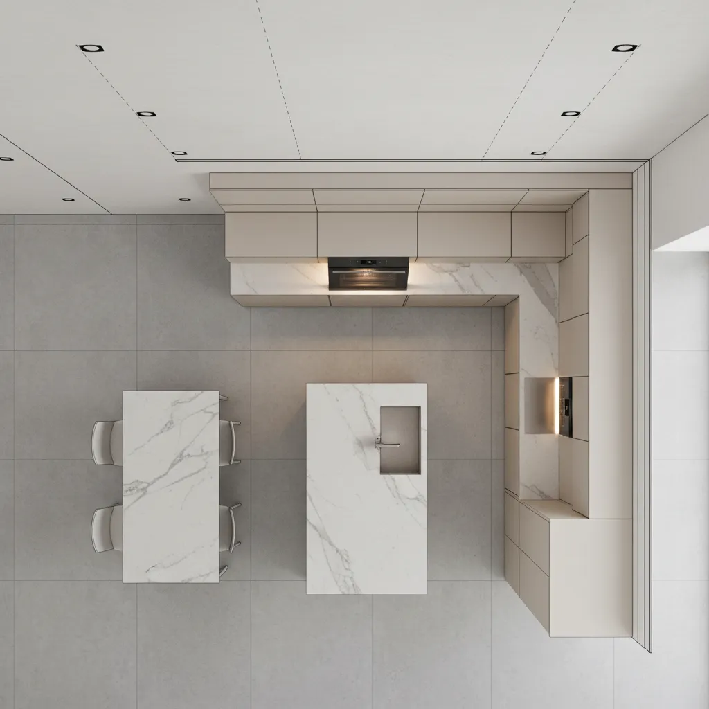 Kitchen floor plan with highlighted oven placement area