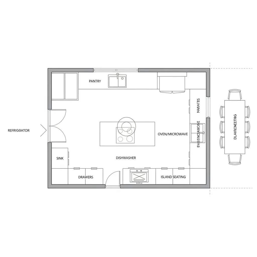 architectural kitchen floor plan showing standard oven symbol placement