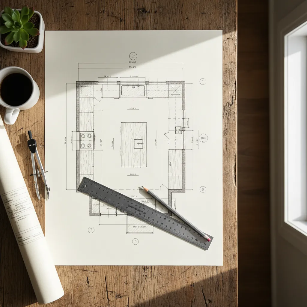 Hand-drawn kitchen floor plan sketch on wooden table with ruler pencil coffee cup and plant