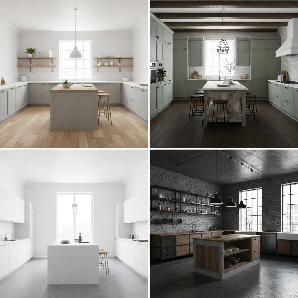 Different kitchen styles using light and dark flooring materials