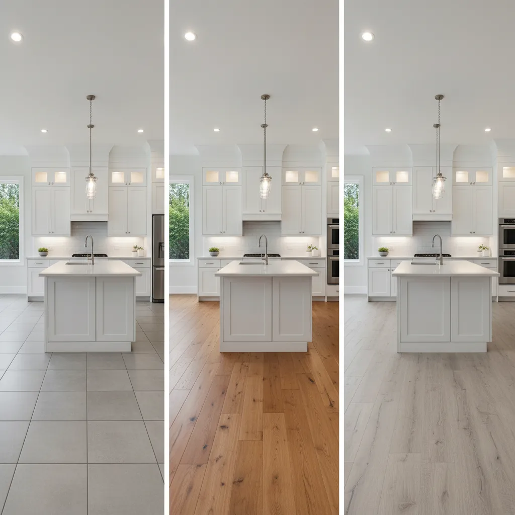 visual comparison of tile hardwood and vinyl flooring in kitchen design
