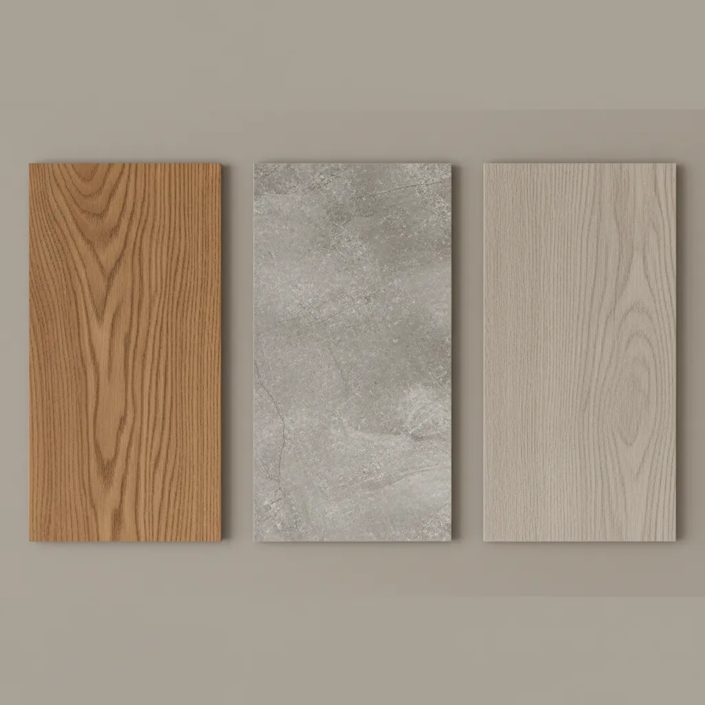Kitchen flooring materials including wood tile and vinyl samples