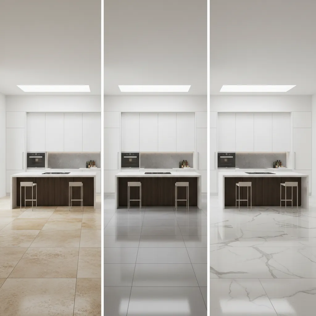 Kitchen floor material comparison layout showing travertine porcelain and marble tiles