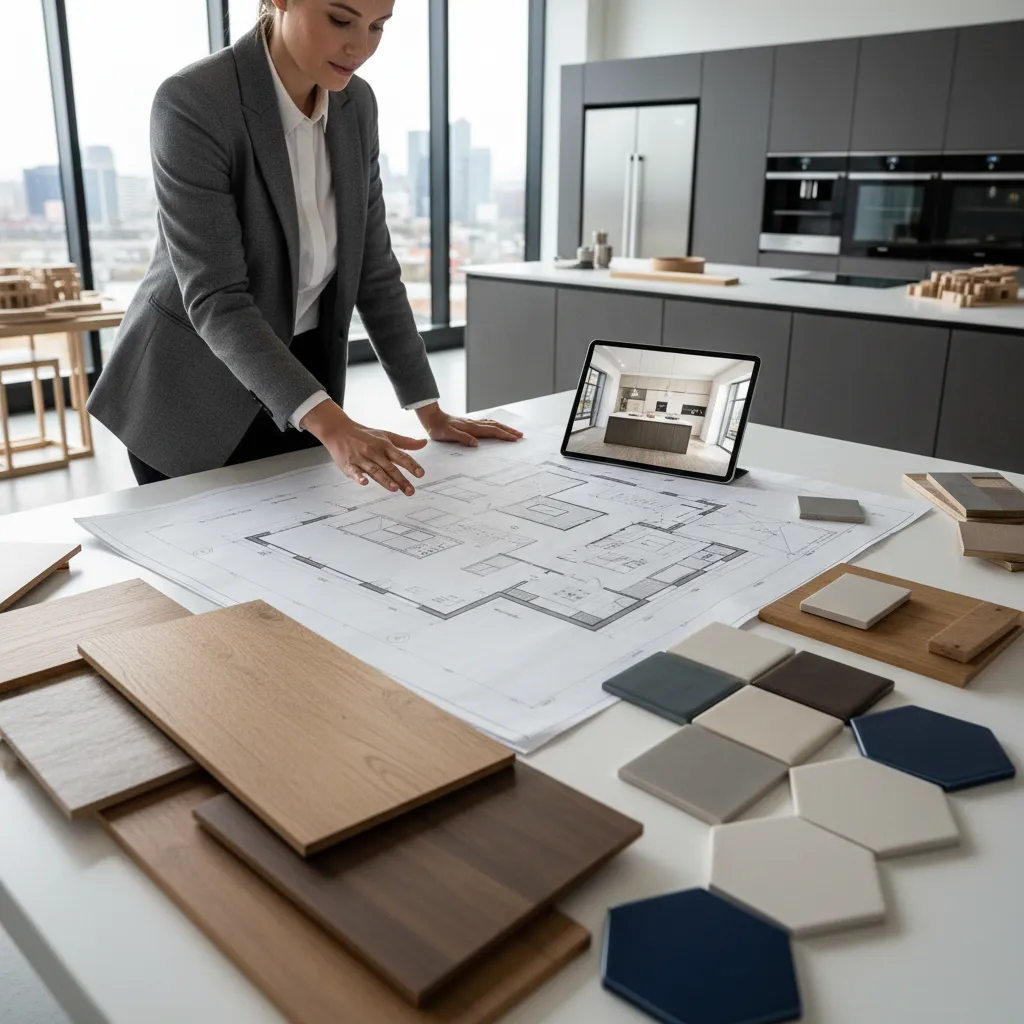 designer evaluating multiple kitchen flooring options in a layout plan