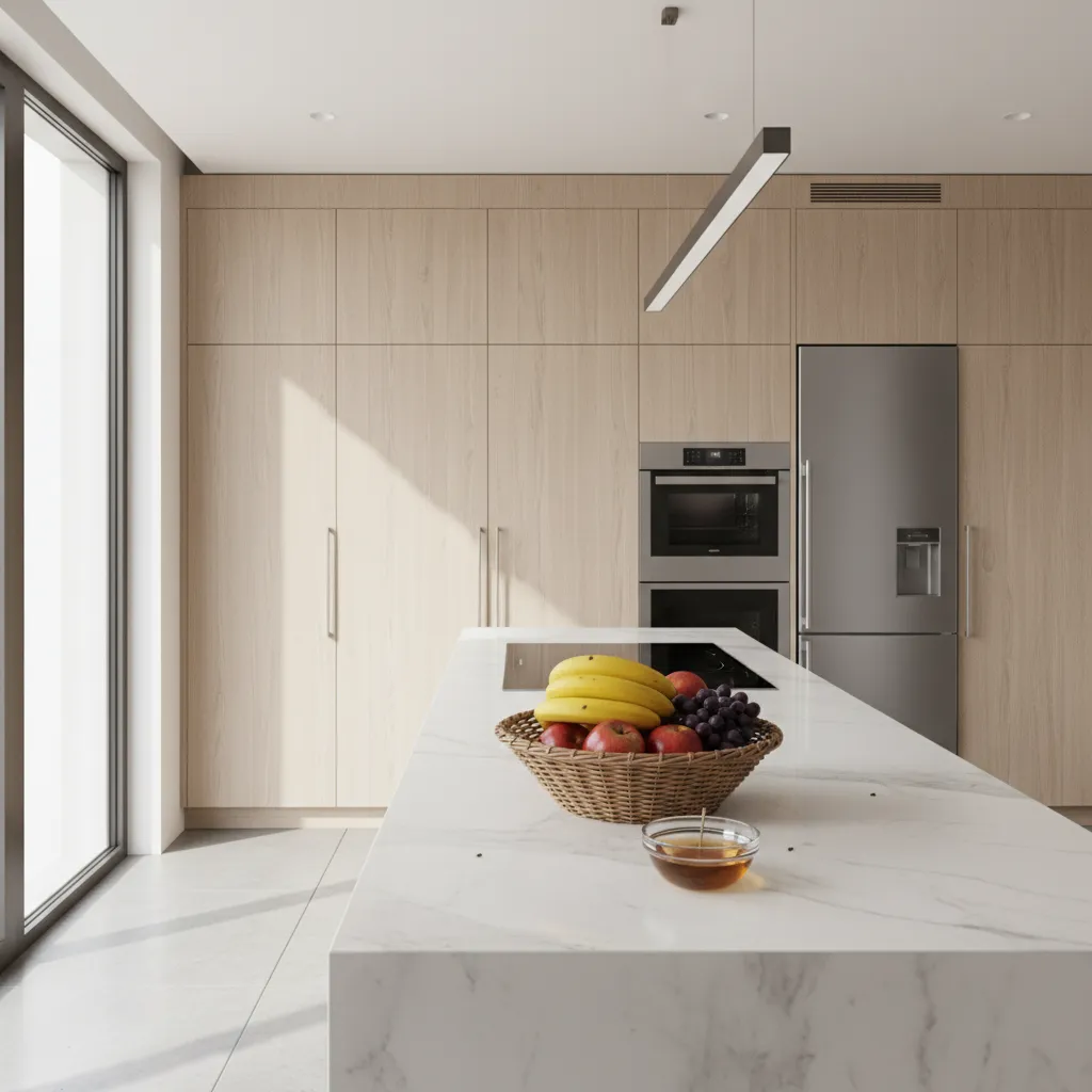 Modern kitchen with wood cabinets marble island fruit basket vinegar trap and stainless steel fridge