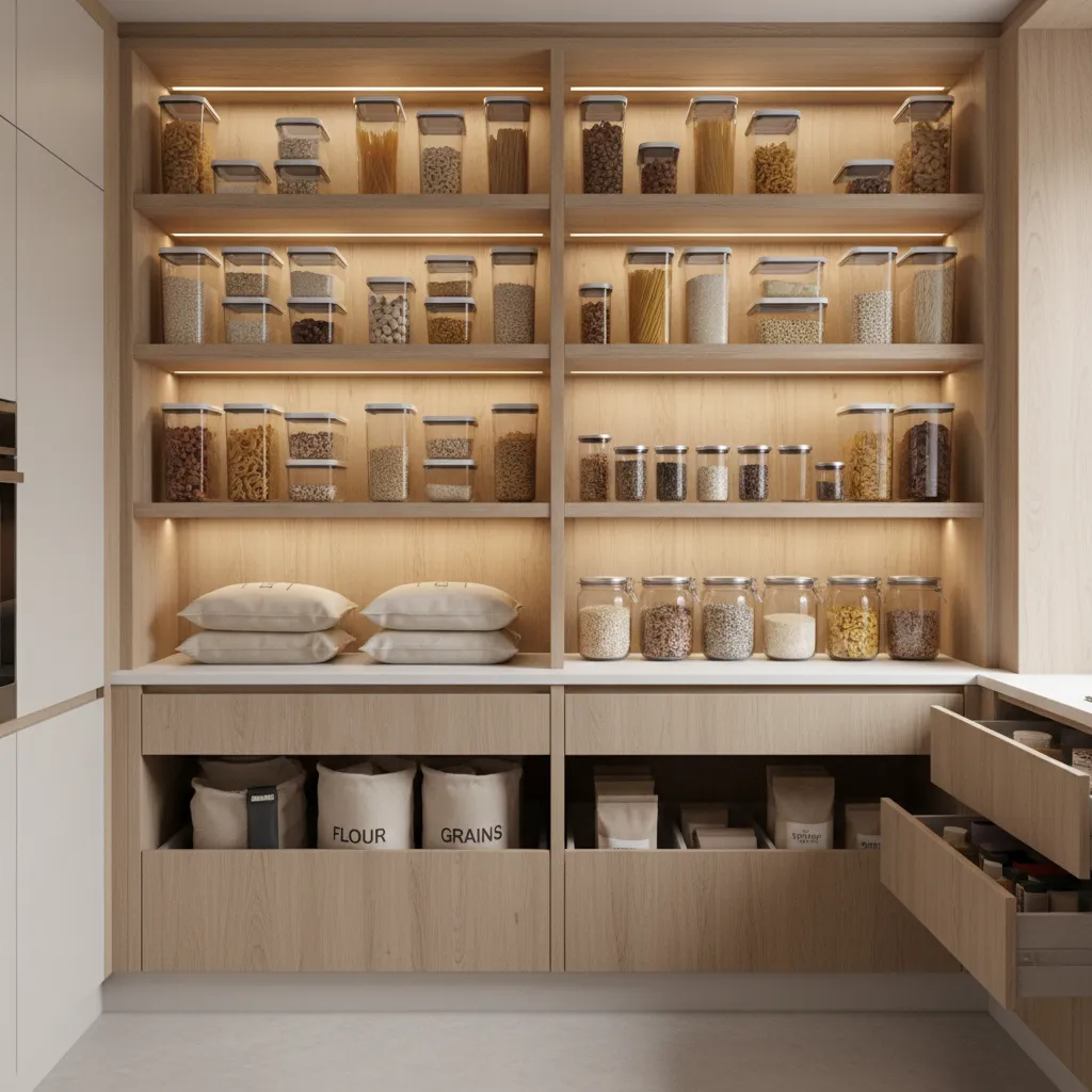 kitchen cabinet with dry food storage showing possible pest sources