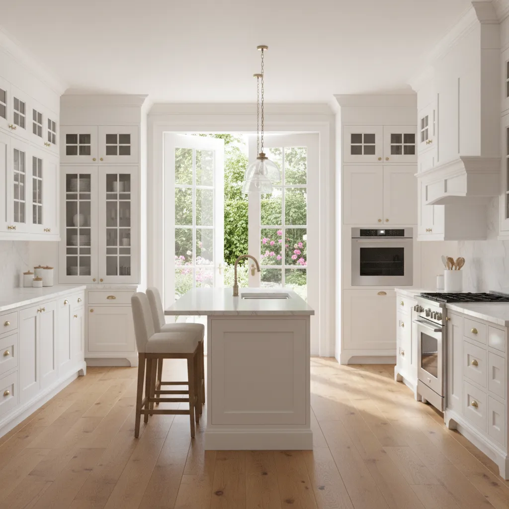 Bright kitchen with classic French doors opening to a backyard patio