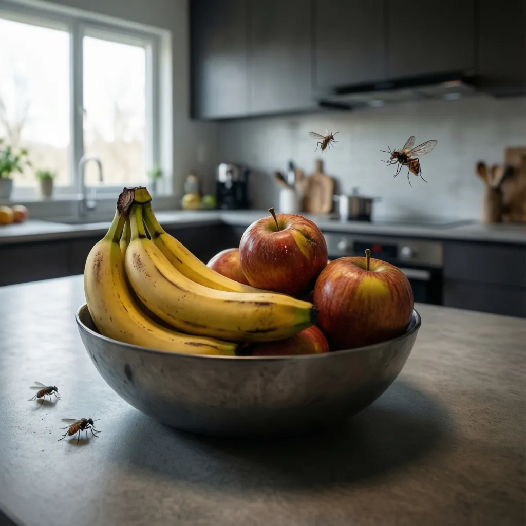 kitchen counter with fruit bowl attracting small gnats