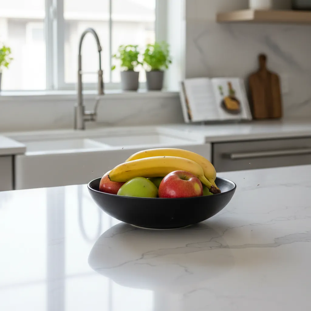 small fruit flies hovering near fruit bowl on kitchen counter