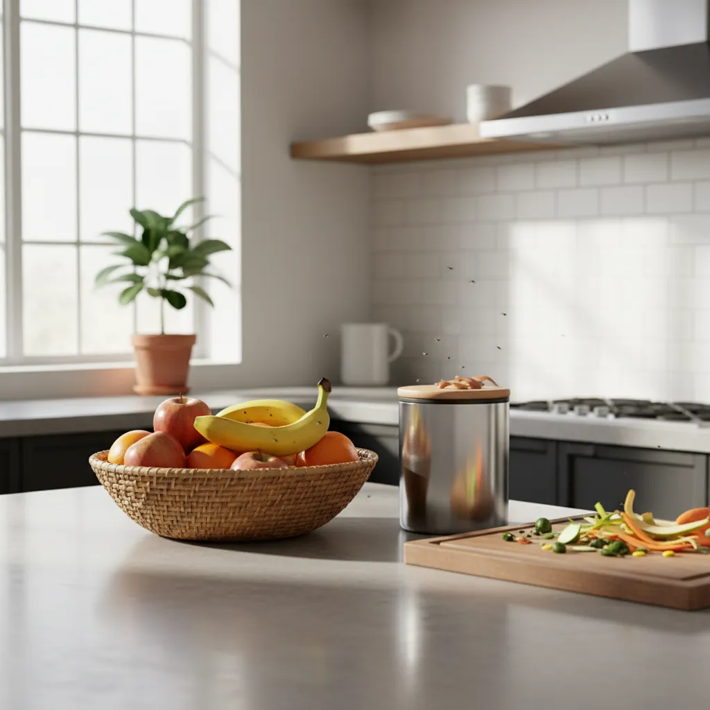Kitchen counter with fruit bowl and compost bin where small insects often appear