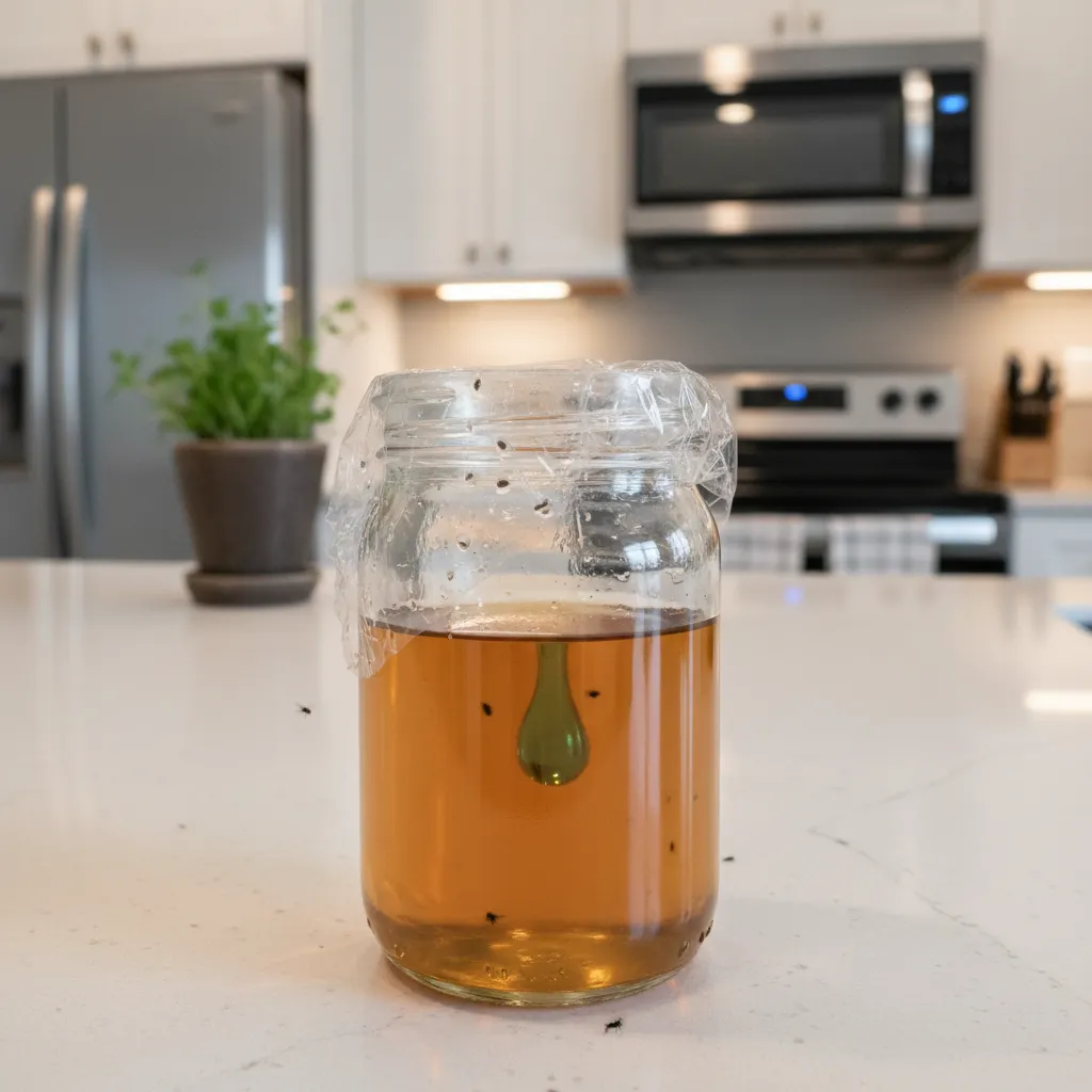 Home made fruit fly trap in a glass jar sitting on a white kitchen counter surface