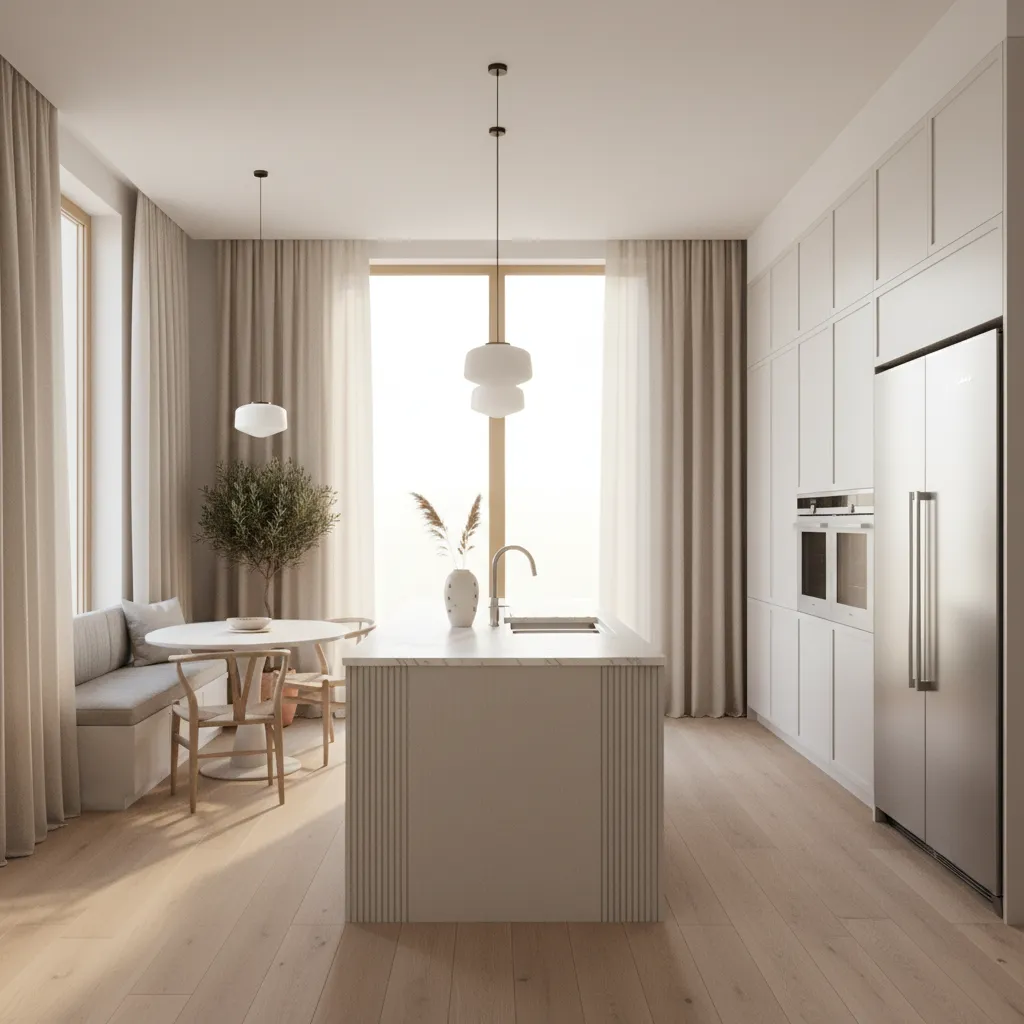 Large kitchen window with full linen curtains softening daylight