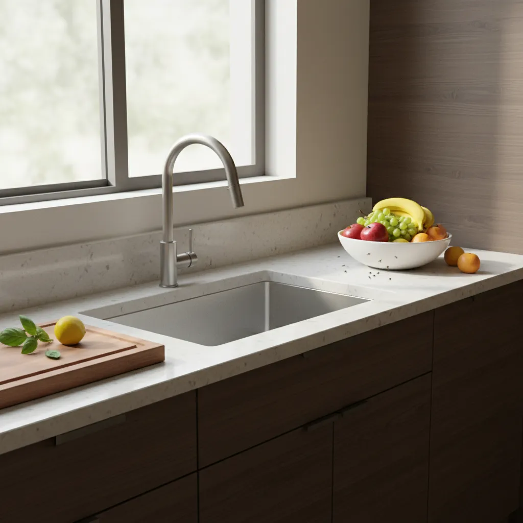 small gnats flying around kitchen sink and fruit bowl on countertop