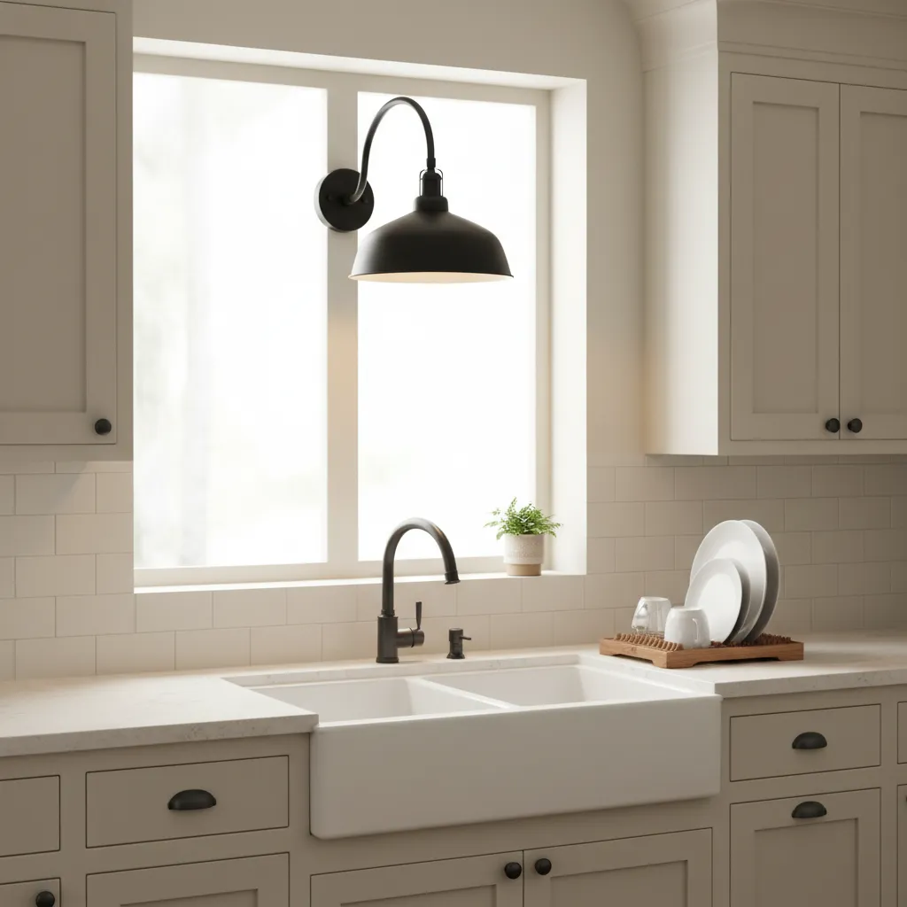 Modern kitchen with black wall light above a white sink and light wood cabinets with dishes
