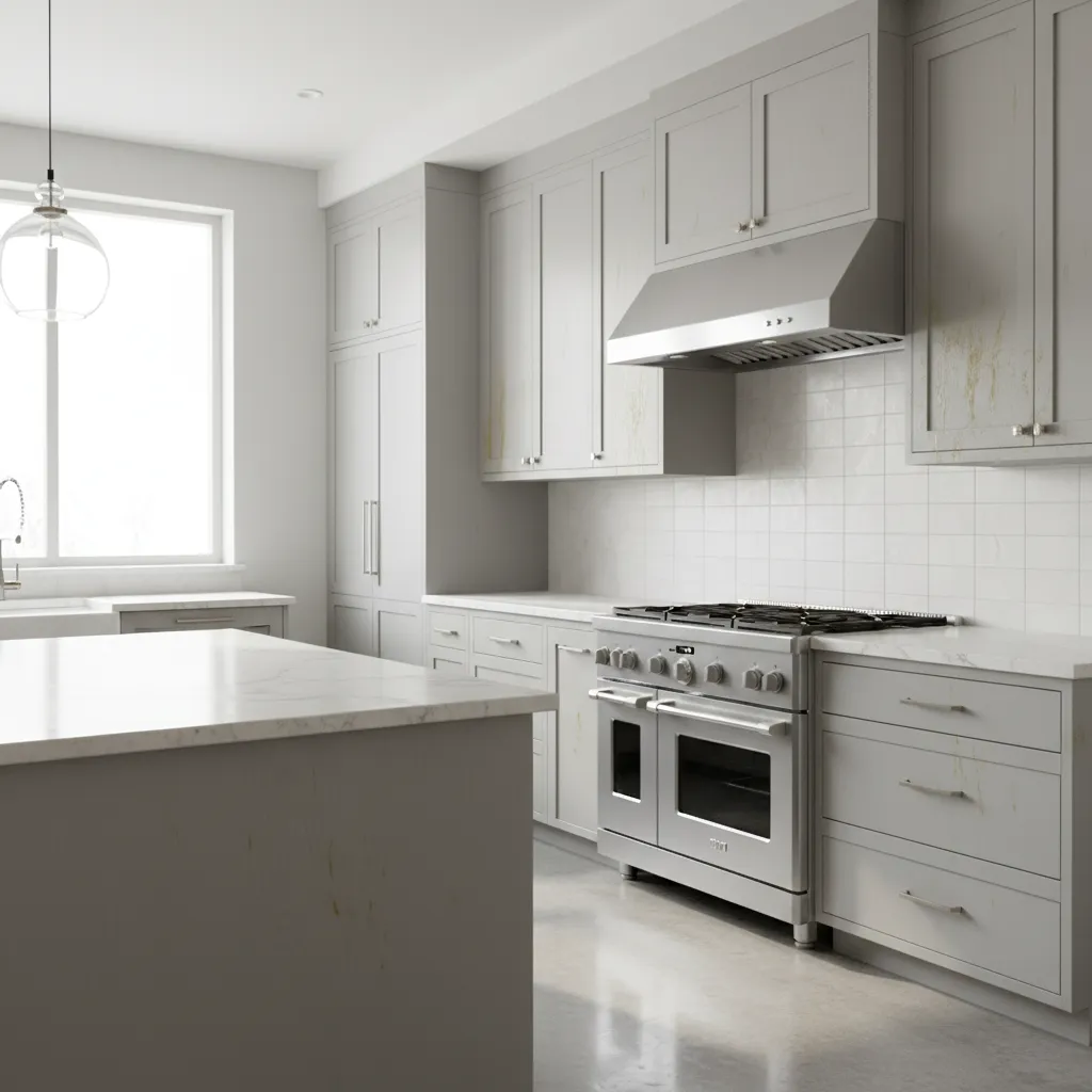 Kitchen cabinets with visible grease buildup near stove