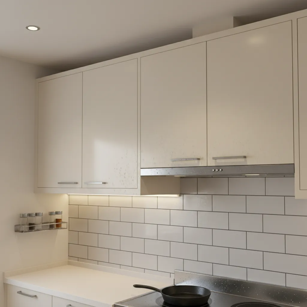 kitchen cabinets near stove showing visible grease buildup