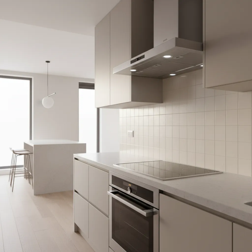 kitchen cooking area showing typical grease buildup locations near stove and cabinets