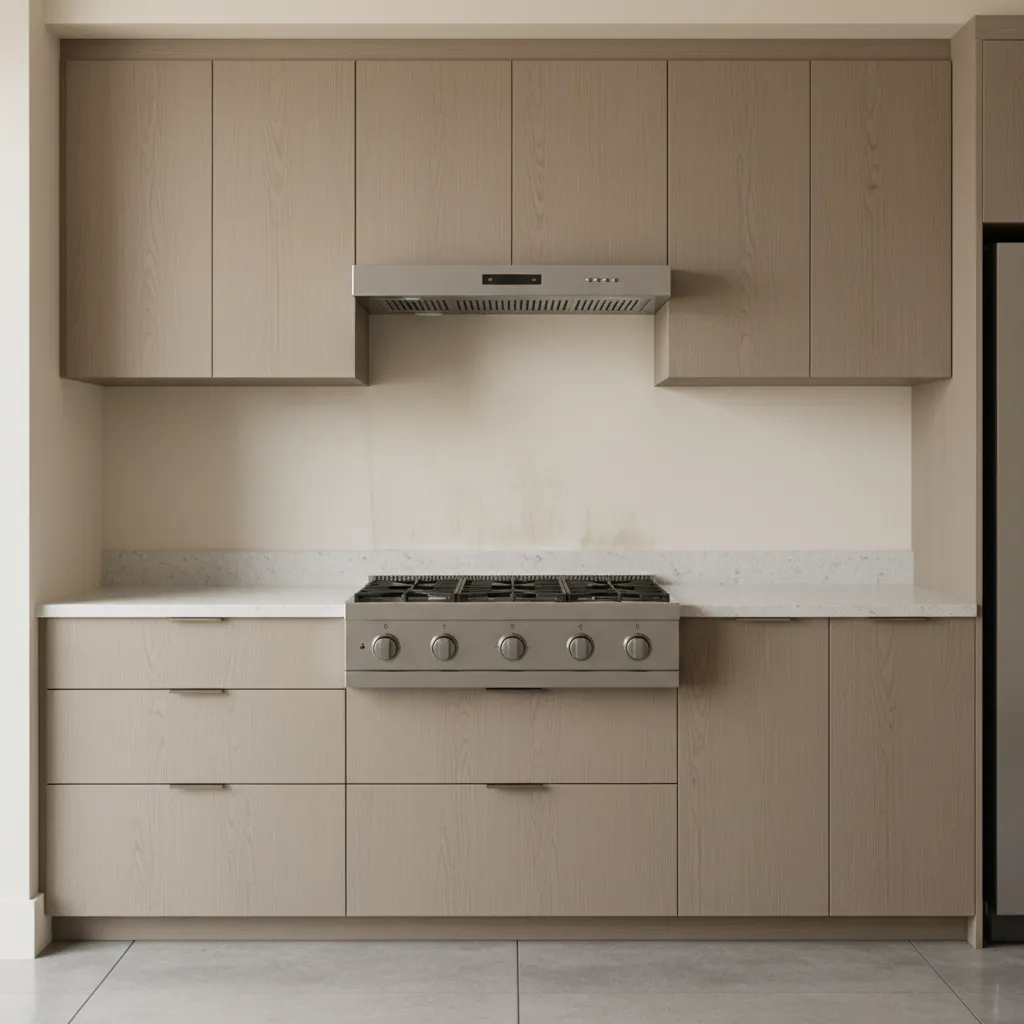 Kitchen wall near stove showing visible grease buildup