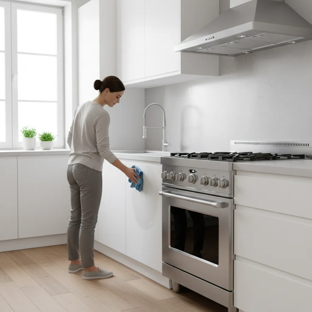 Woman cleaning white kitchen cabinets with a blue cloth near a silver stove and oven