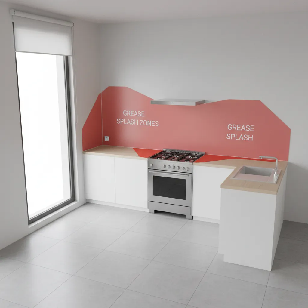kitchen layout highlighting stove grease splash zones on walls