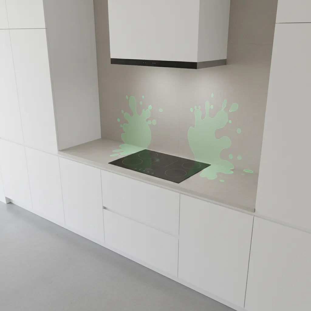 White kitchen with black electric cooktop showing green splash graphics on the wall and counter