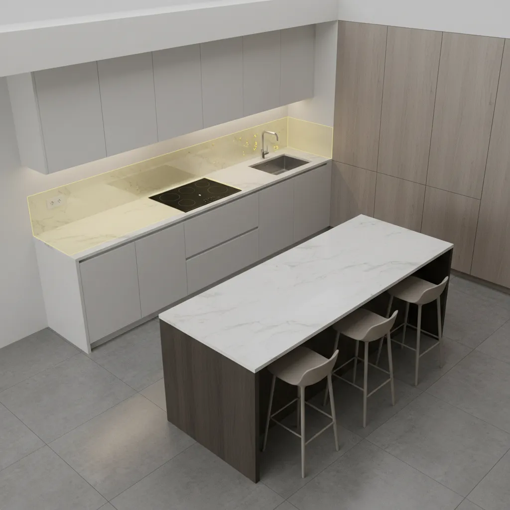 kitchen layout showing grease prone areas around cooktop and prep zones