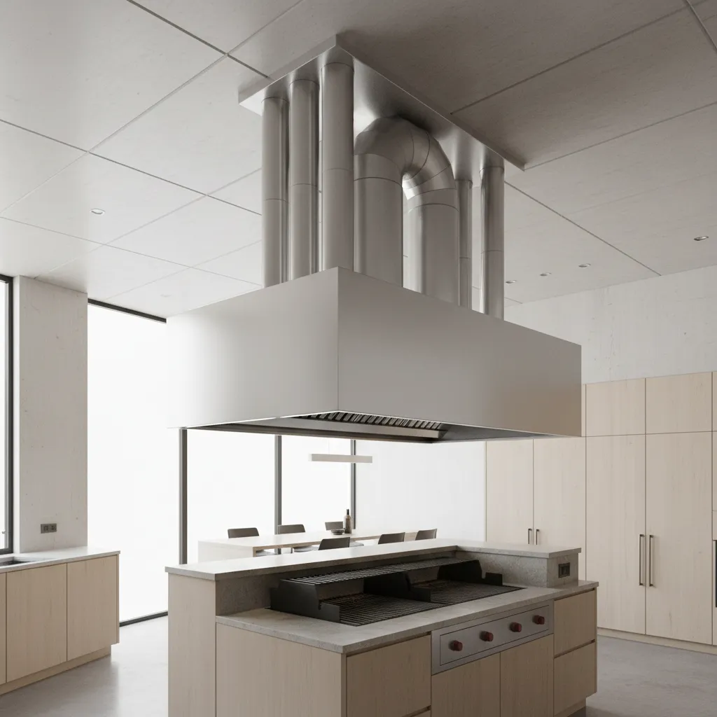 Large stainless steel ventilation hood above indoor grill island