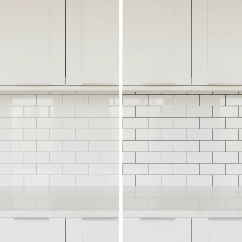 comparison of light grout versus dark grout on kitchen tiles