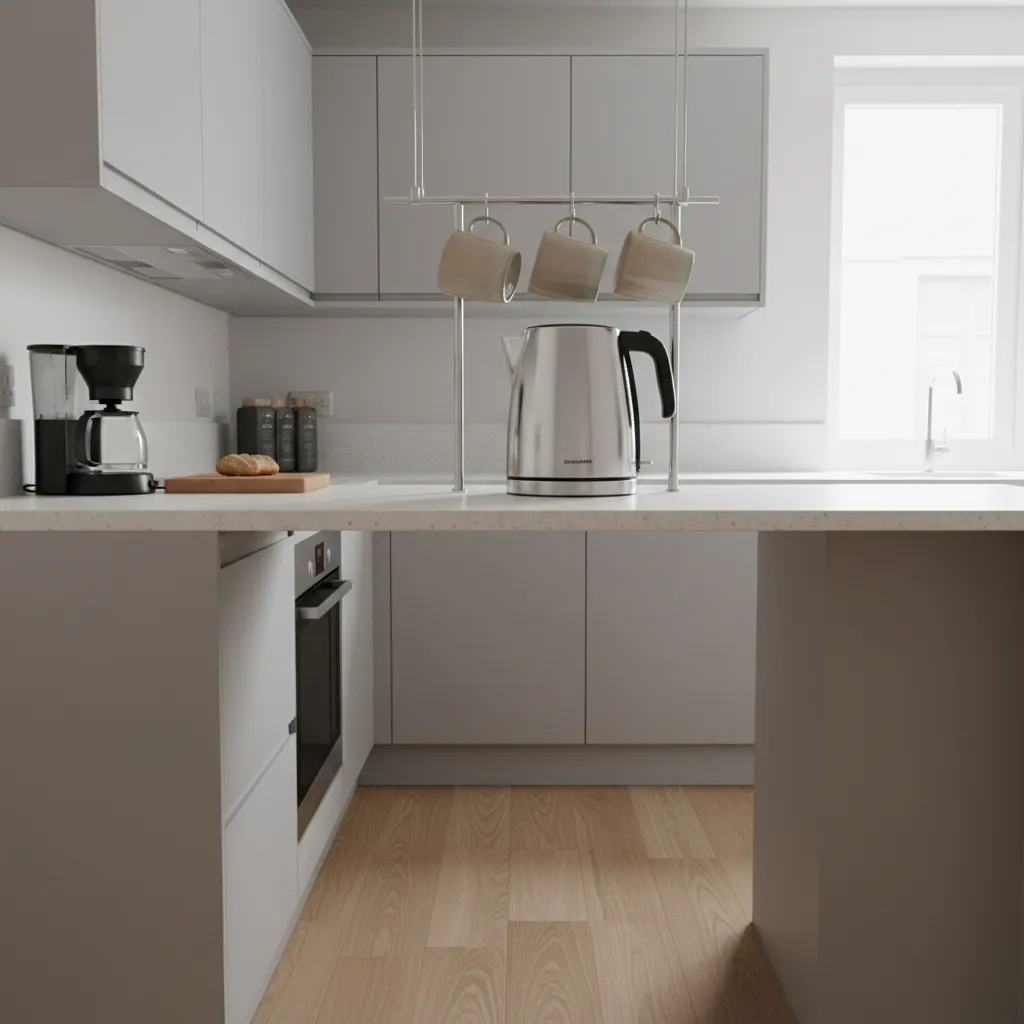 small kitchen with poorly placed hanging mug rack causing workflow issues