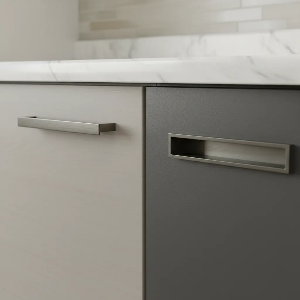 close comparison of handleless cabinet edge and modern cabinet handle