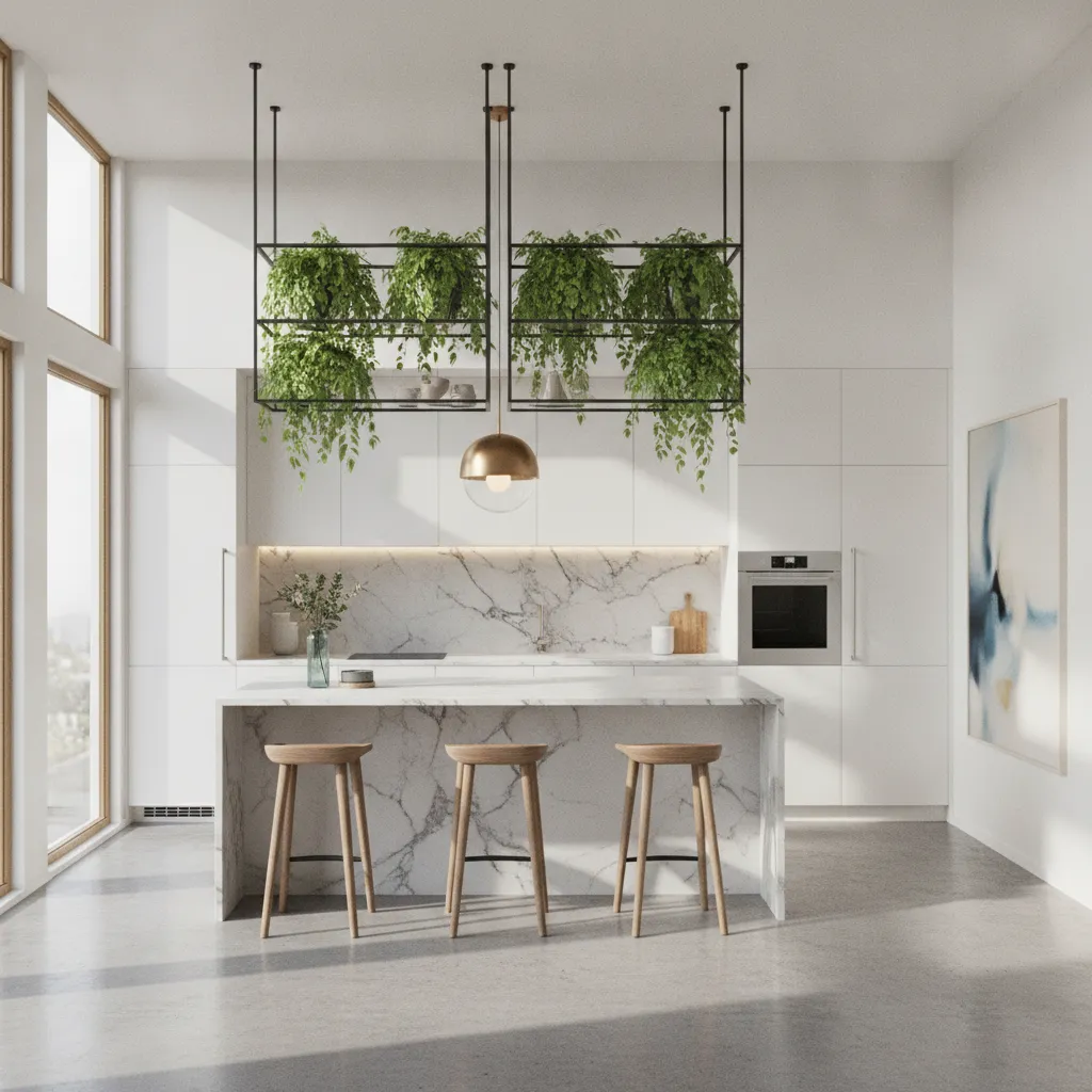 Modern kitchen with hanging plants adding vertical greenery