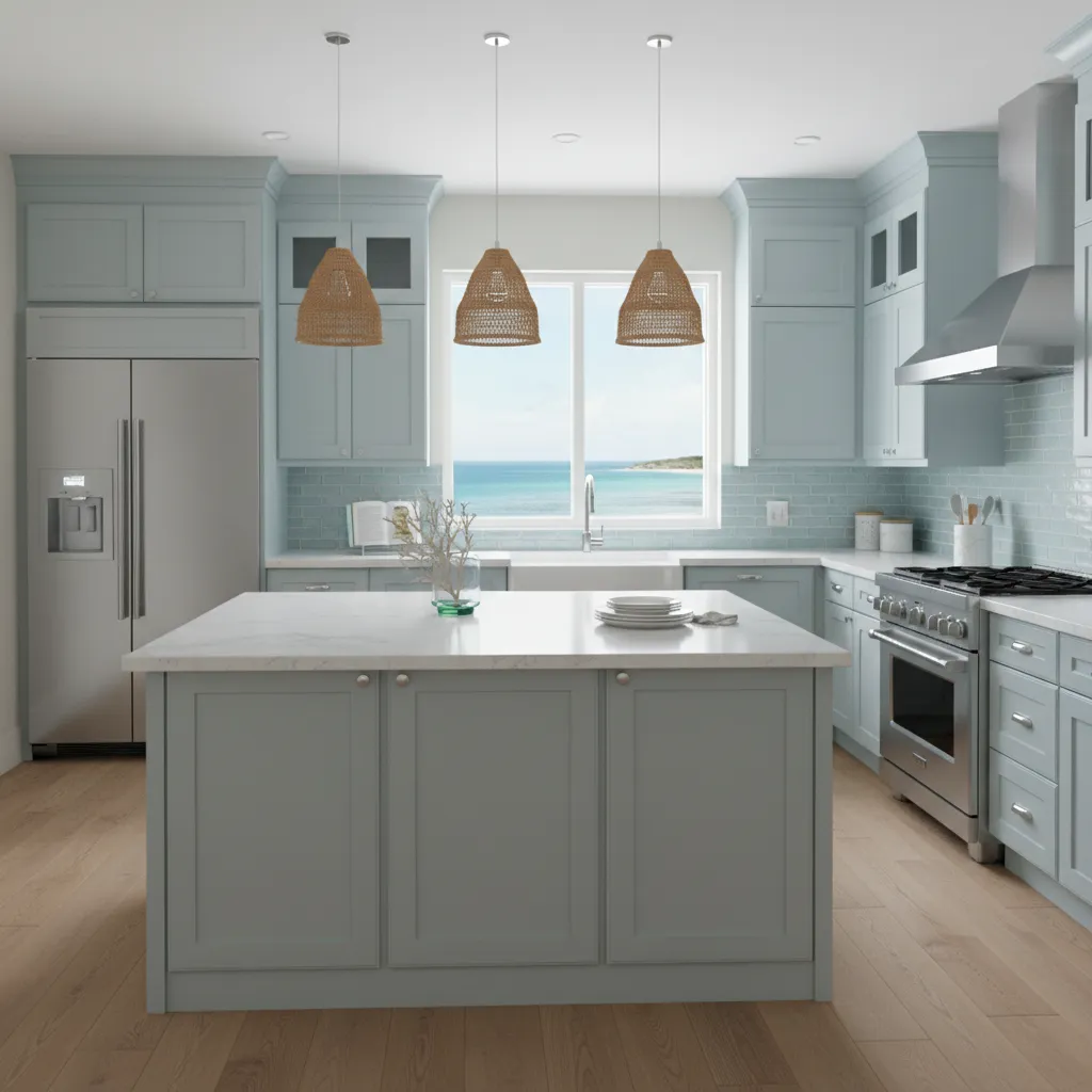 coastal kitchen using corrosion resistant fixtures and stainless steel appliances