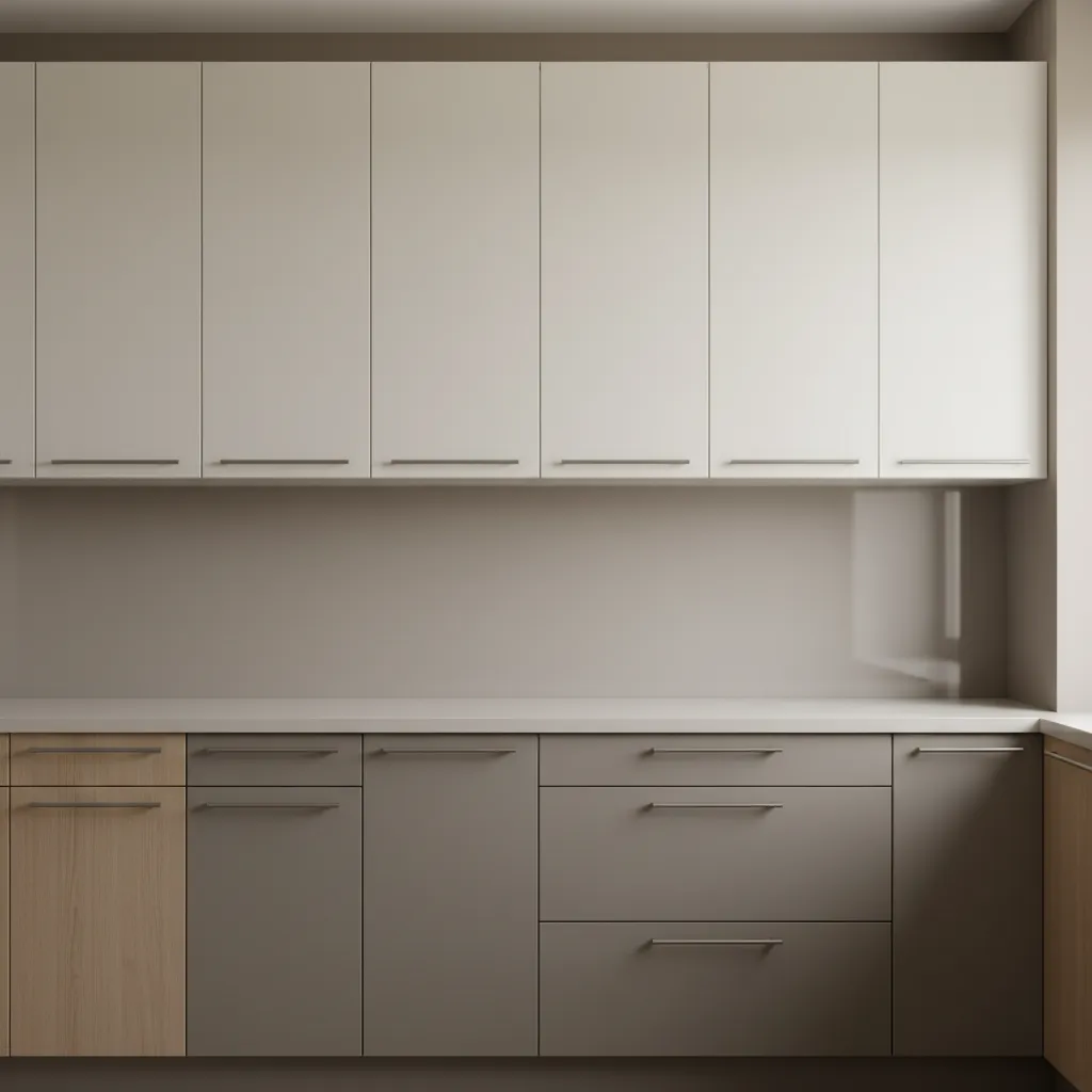 Kitchen cabinet layout showing handle placement alignment across drawers and doors