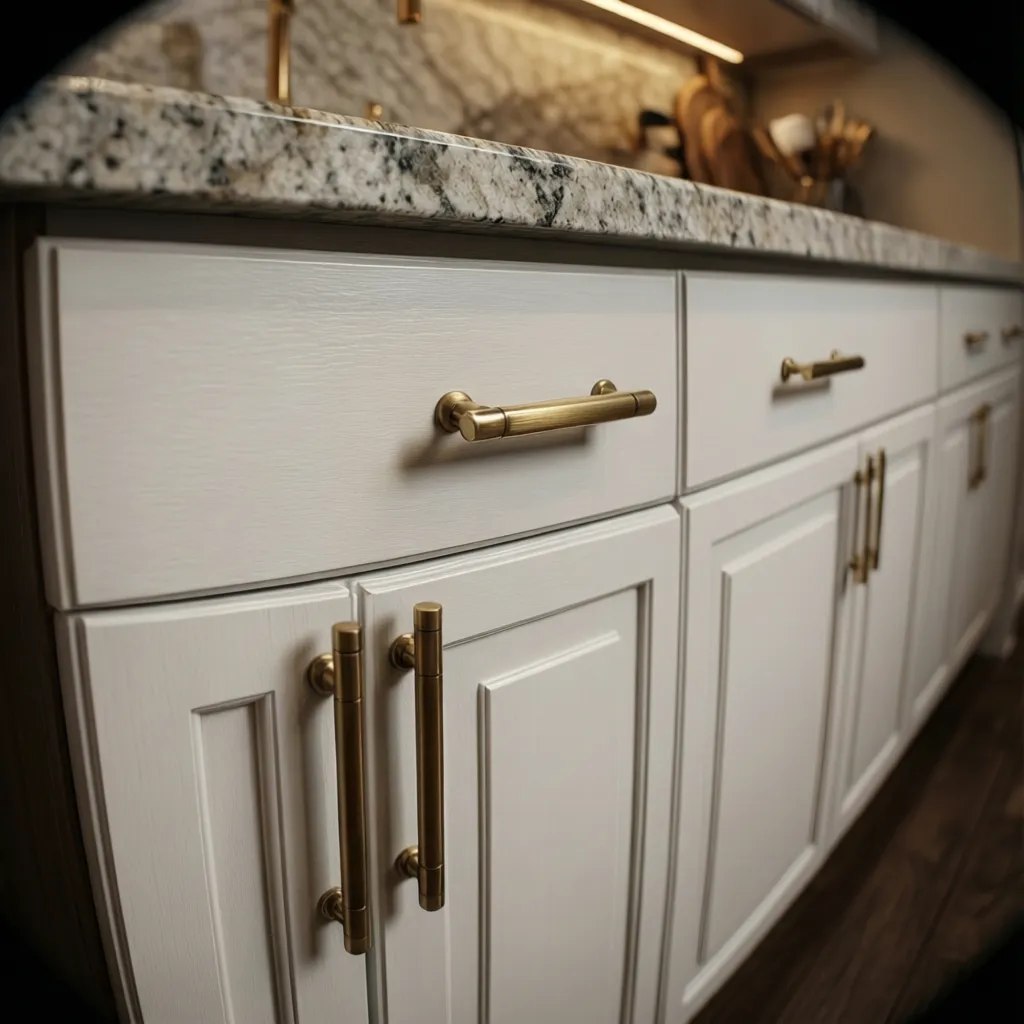 Close-up of brass cabinet hardware upgrade on white kitchen cabinets