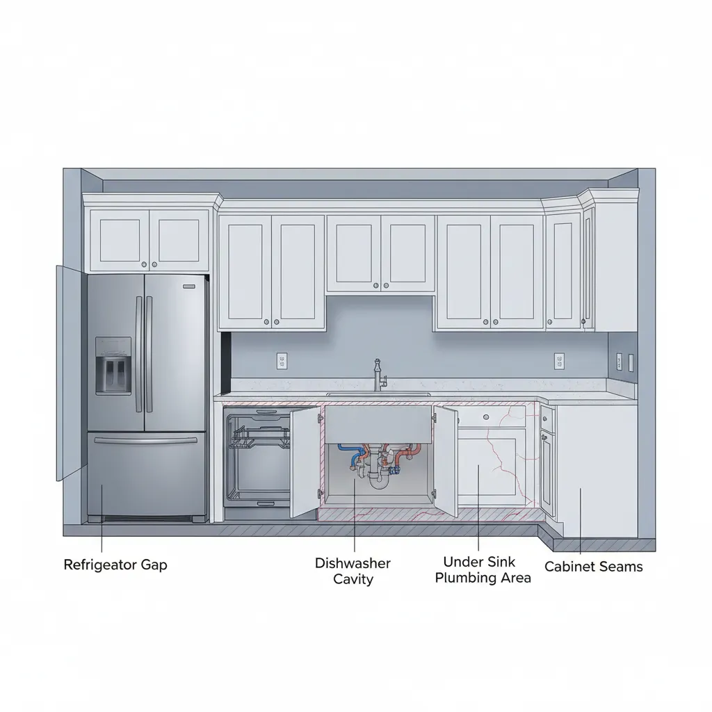 kitchen diagram highlighting cockroach hiding spots behind appliances and under sink