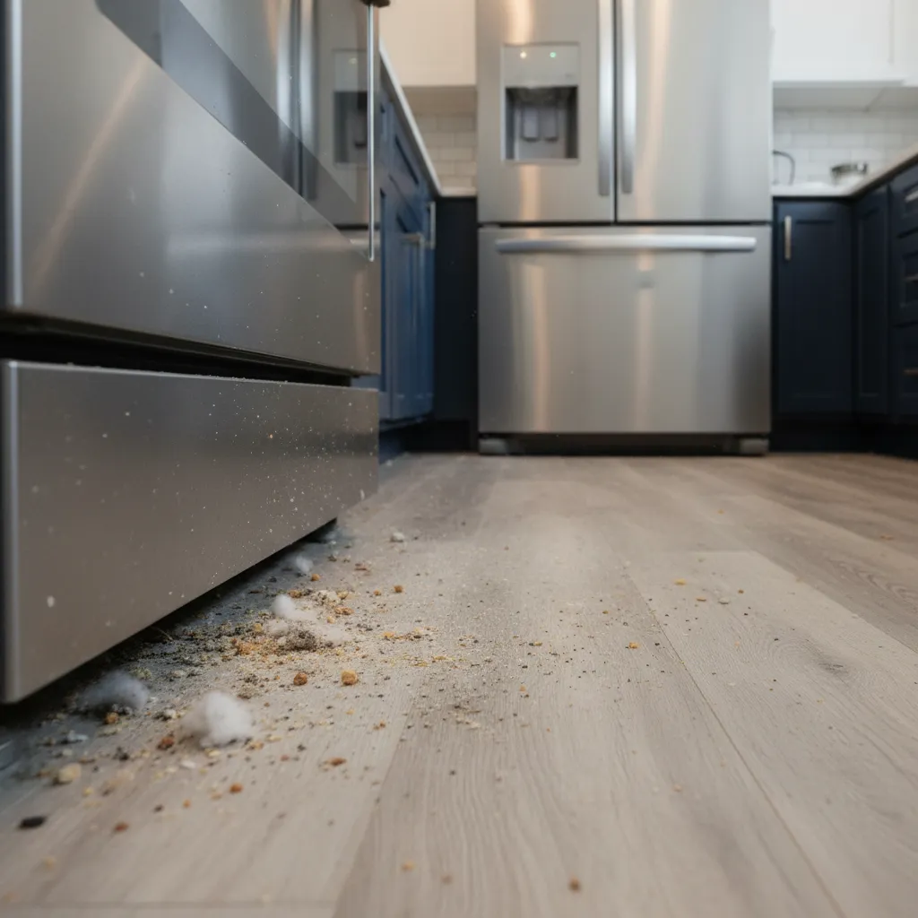 Hidden crumbs and food residue under kitchen appliances attracting insects