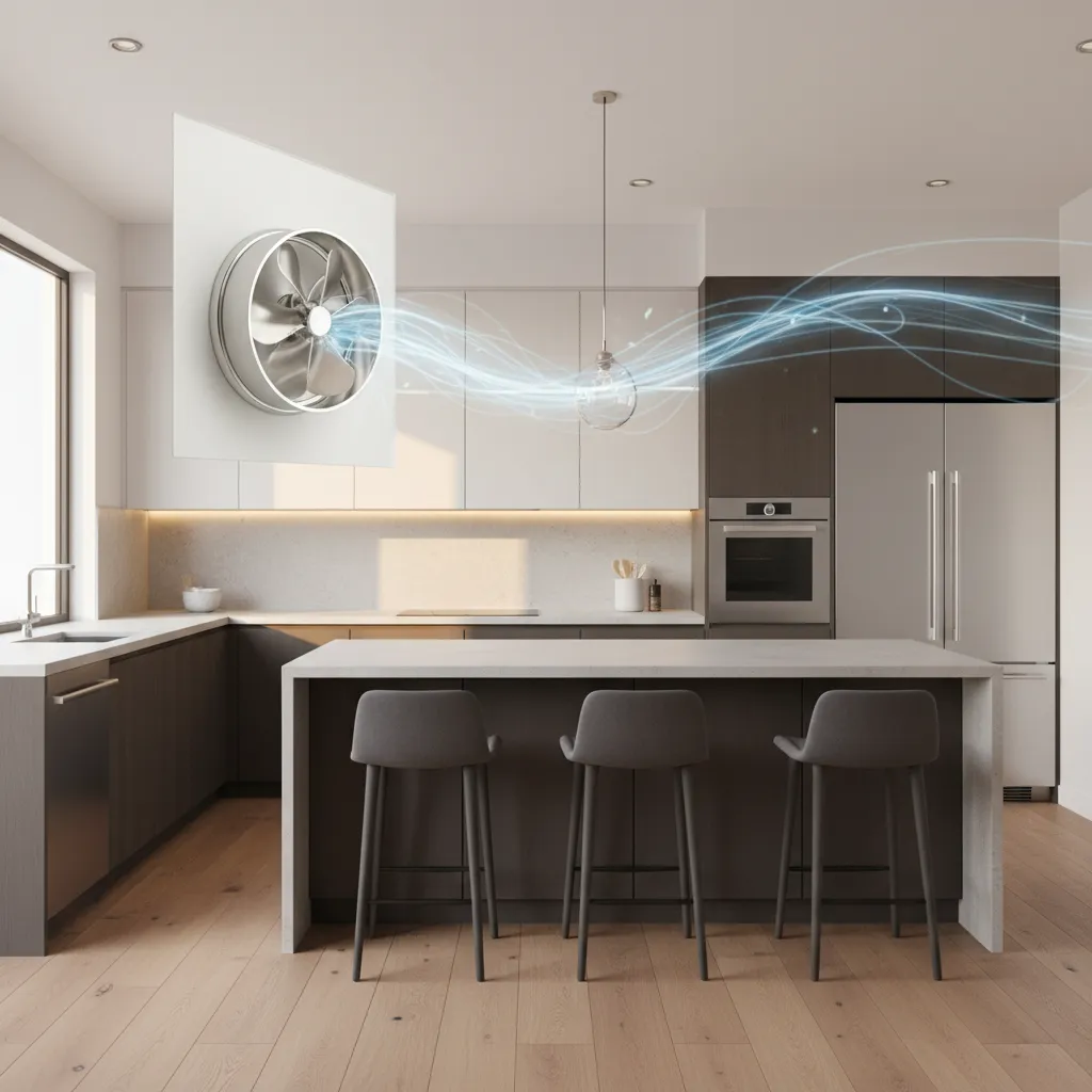 High speed wall fan improving airflow circulation in kitchen environment