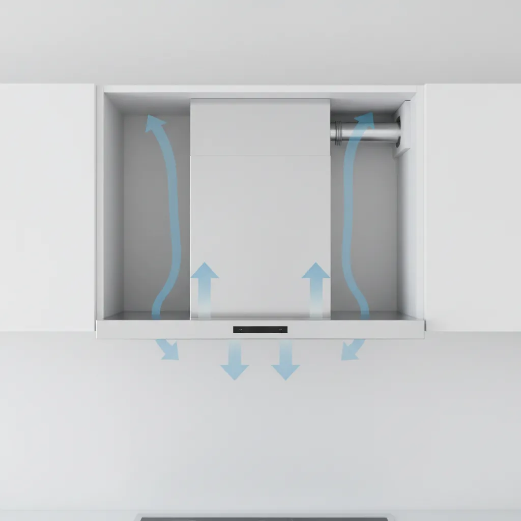 Kitchen hood cabinet structure showing airflow space around insert range hood