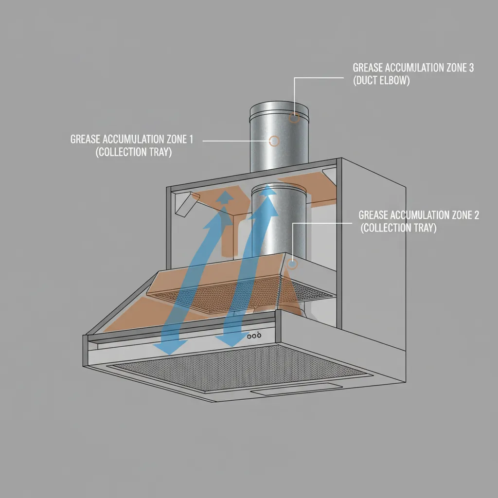 Diagram showing grease accumulation points inside a hood cabinet ventilation system