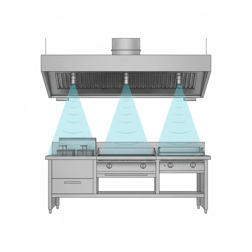 Diagram style visualization of hood nozzle coverage over cooking appliances
