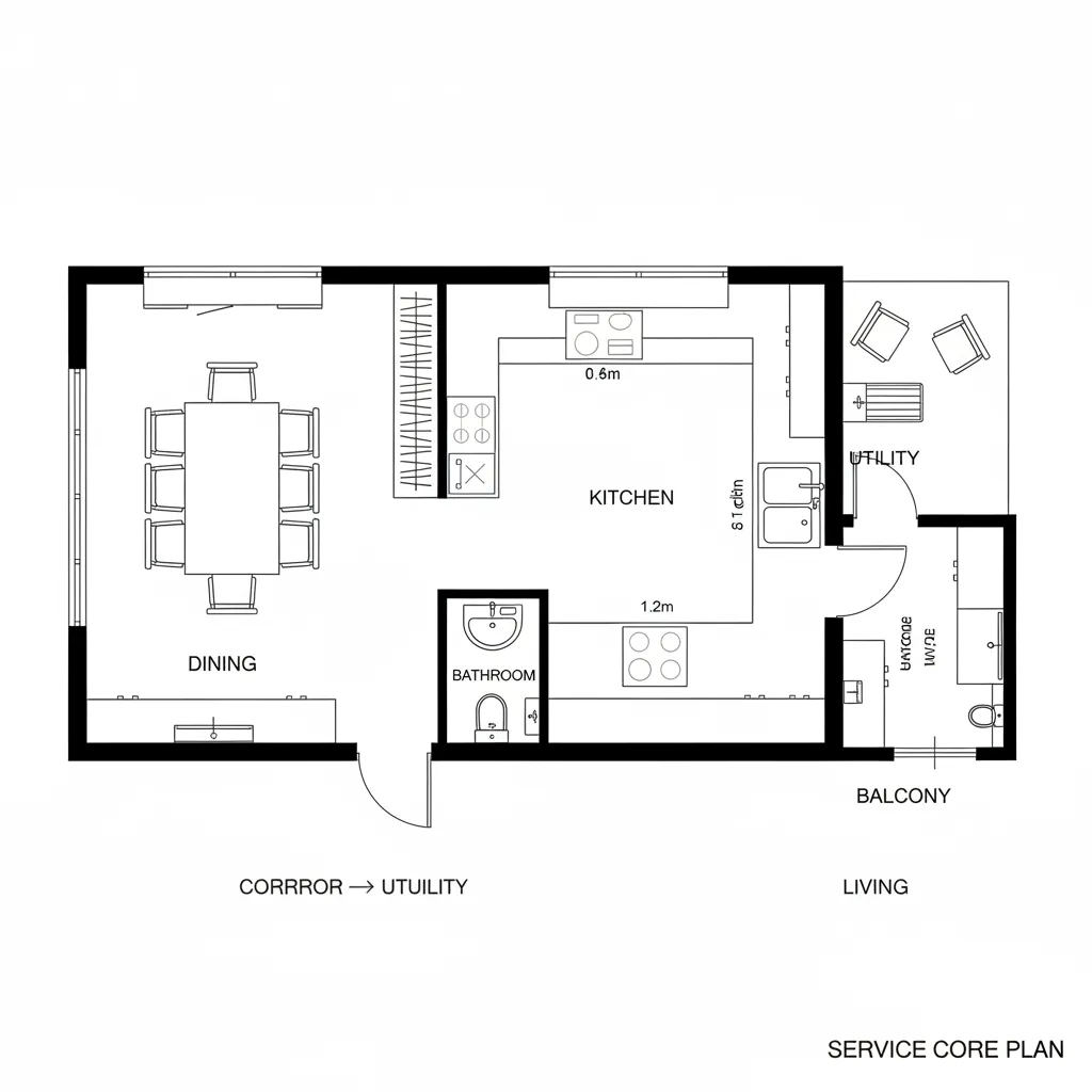 Black and white floor plan showing a dining room kitchen small bathroom and outdoor balcony area